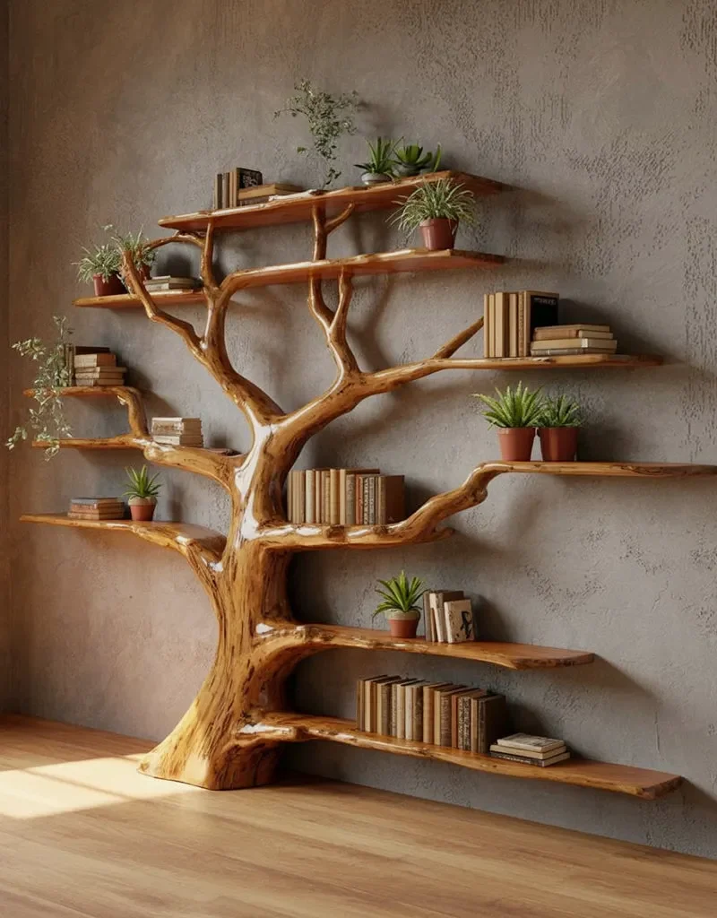 Bookshelf Tree Branch Rustic Wood Wall Mounted Natural Home Decor